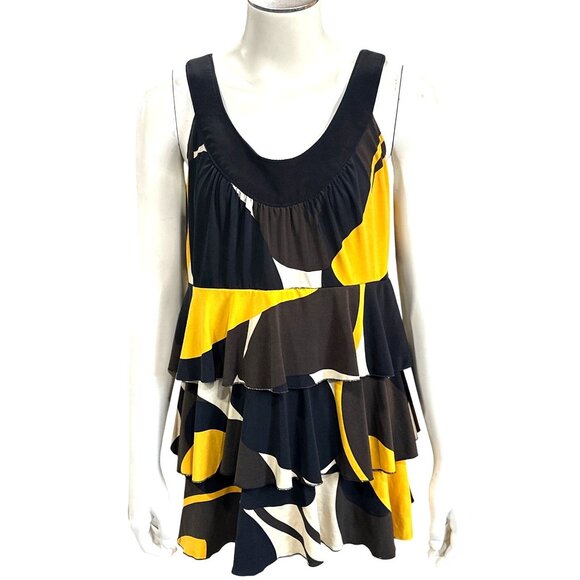 Cato Tops - Cato Medium Black Yellow Abstract Tiered Ruffle Mini Dress Retro Mod Chic Resort